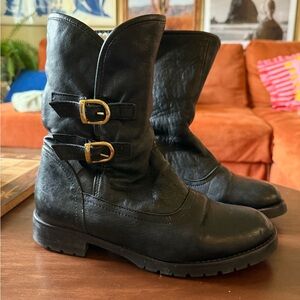 Russell & Bromley Black Leather Shearling Moto Boots Buckle Made in Italy EU 37